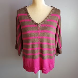 Women's Sz M V-Neck Brown/Pink Striped Sweater
